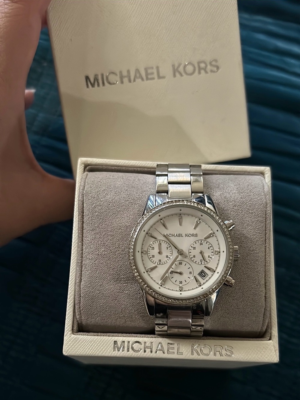 Michael Kors Silver and White Stainless Steel Chronograph Watch